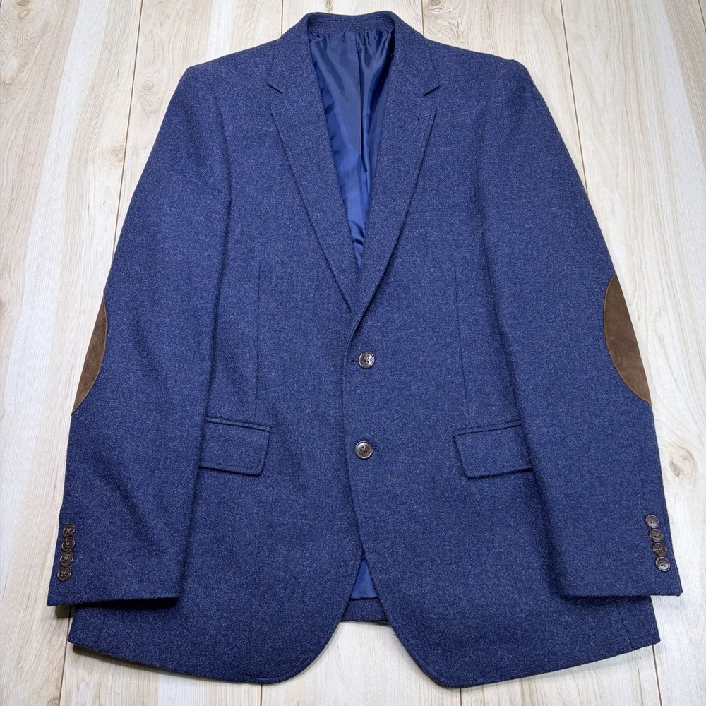 J. Crew Brushed Flannel Wool Sport Coat Elbow Patches Mens 42L Blue